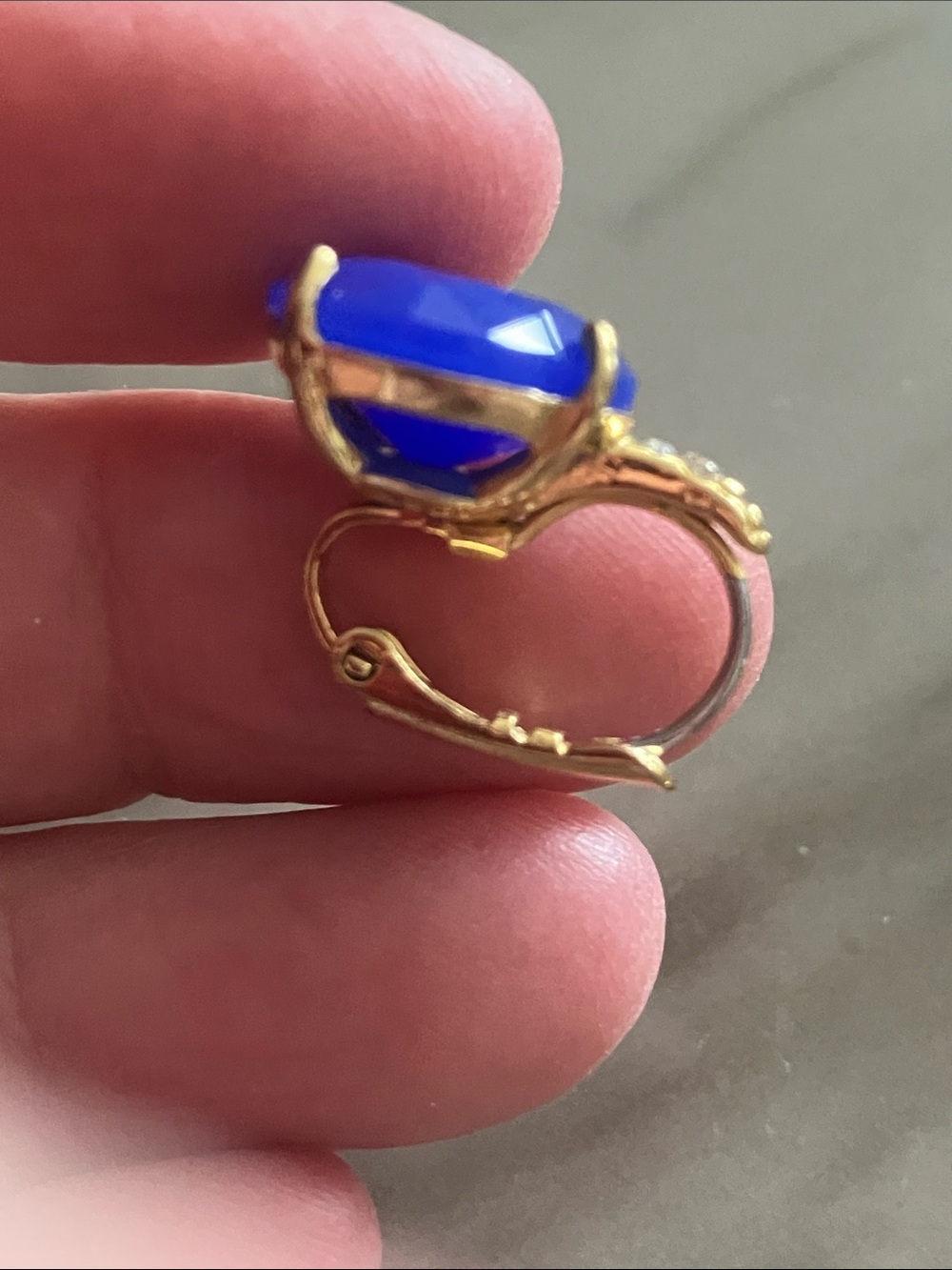 Fossil Gold Tone Cobalt Blue Faceted Leverback Statement Earrings Clear Accents - Picture 5 of 8